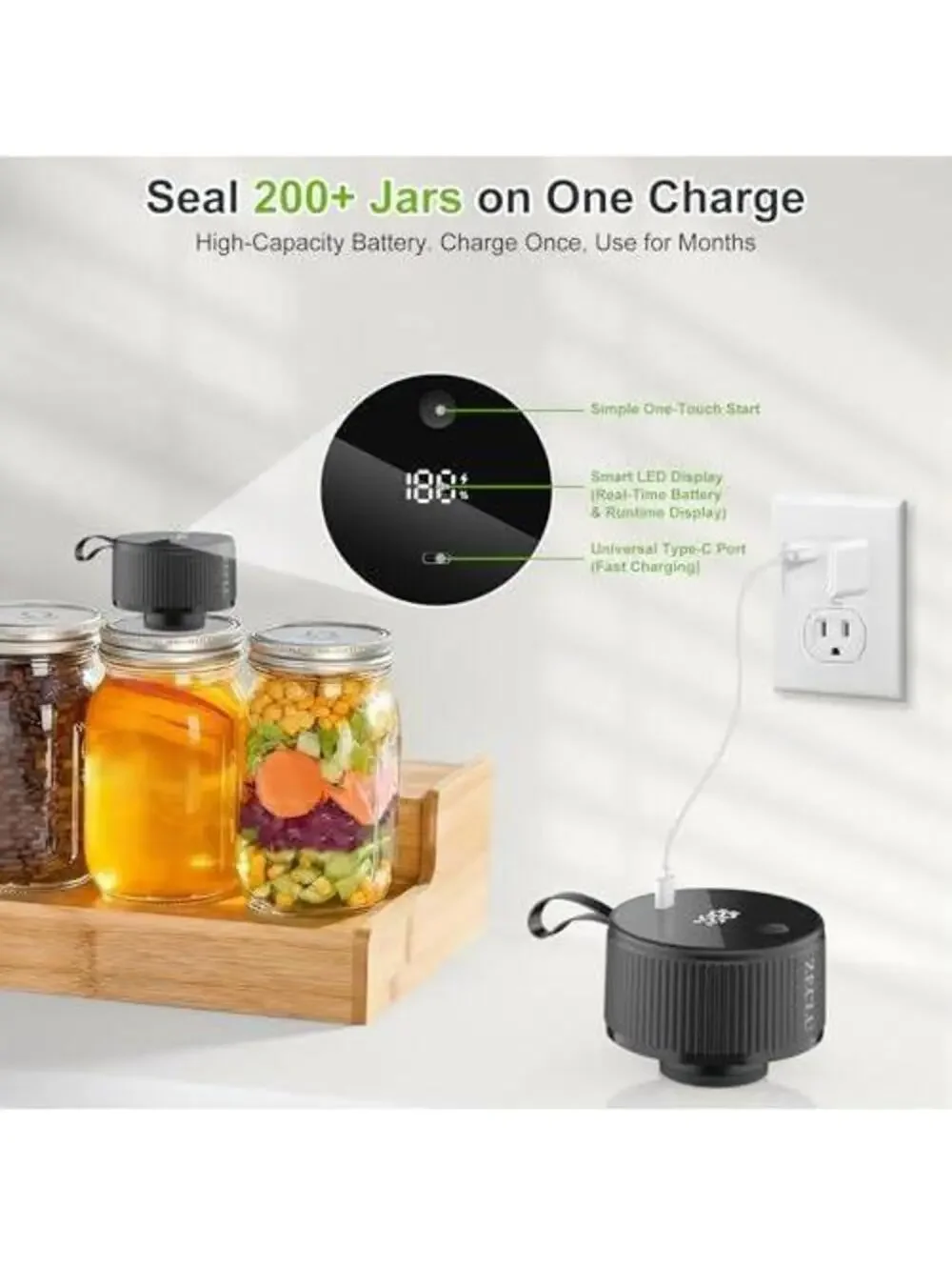 Electric Mason Jar Vacuum Sealer Kit, Cordless Auto-Seal for Wide & Regular Jars